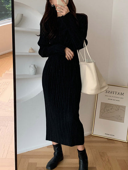 vmtvr - Simple Long Sleeves Black Split-Joint Elasticity Waist Pleated Midi Dress