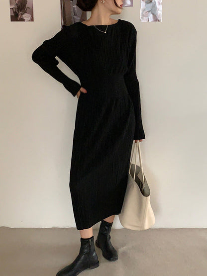 vmtvr - Simple Long Sleeves Black Split-Joint Elasticity Waist Pleated Midi Dress