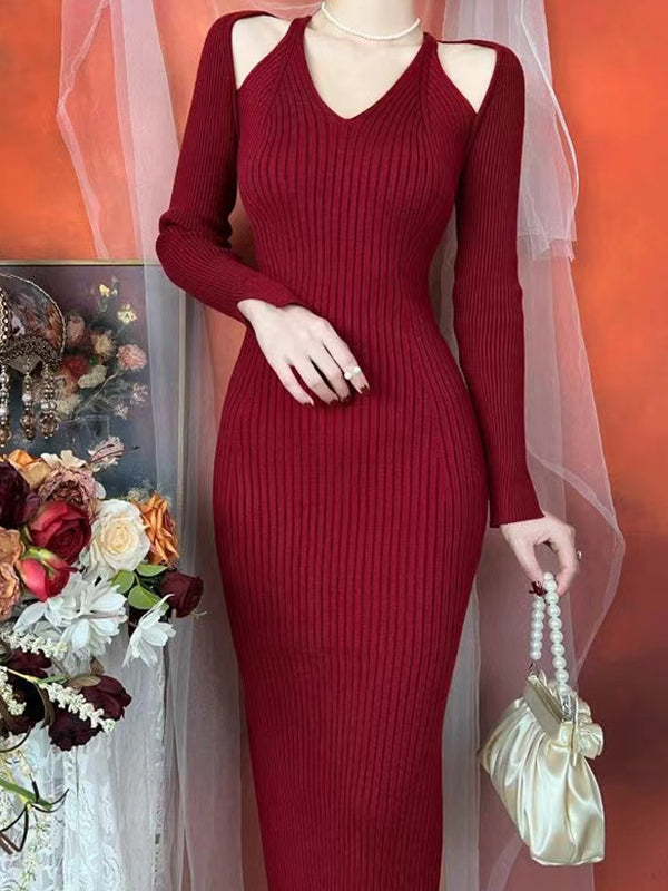 vmtvr - High Waisted Long Sleeves Hollow Solid Color Split-Side V-Neck Midi Dresses Sweater Dresses