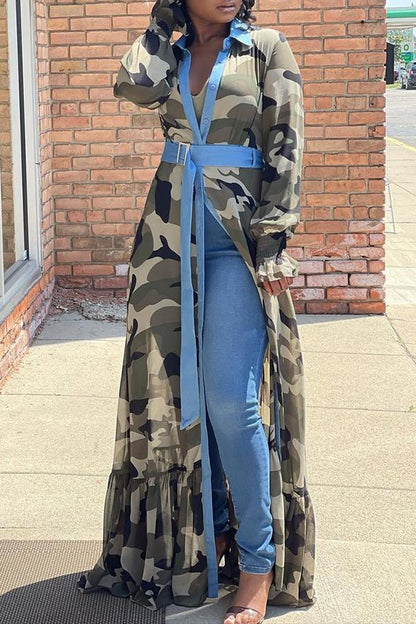 Camouflage Patchwork Shirt Collar Maxi Dress