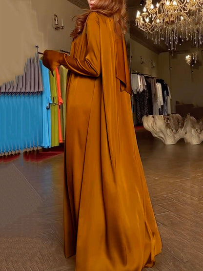 vmtvr - Flared Sleeves Long Sleeves Solid Color High-Neck Maxi Dresses