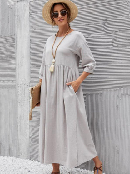 vmtvr - 11 Colors Simple Round-Neck Solid Color Midi Dress