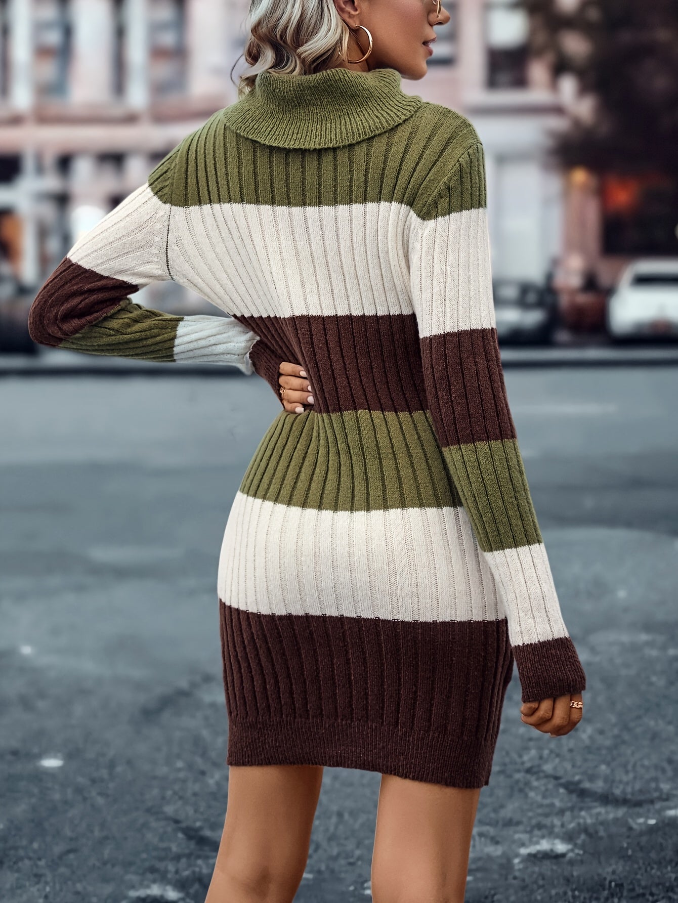 Striped Turtle Neck Knitted Dress, Elegant Long Sleeve Slim Fit Dress For Fall & Winter, Women's Clothing