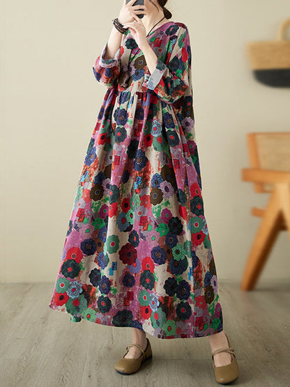 vmtvr - Long Sleeves Loose Flower Print Pockets Split-Joint Round-Neck Midi Dresses