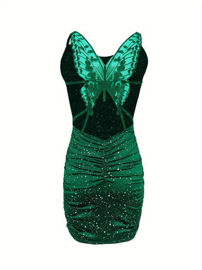 Sparkling Butterfly Print Bodycon Dress - Sleeveless & Backless Design, Perfect for Evening Events, Women's Fashion