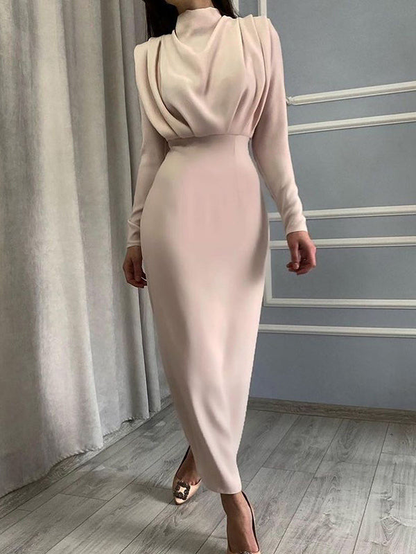 vmtvr - High Waisted Long Sleeves Pleated Solid Color Mock Neck Midi Dresses