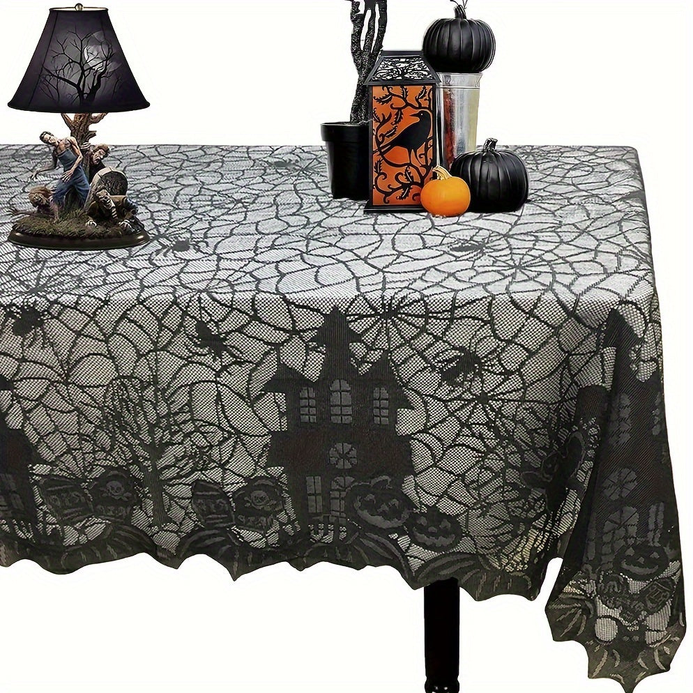 1pc, Halloween Lace Tablecloth With Spiderweb & Skull Pattern, Black Polyester Rectangular Table Cover For Halloween Party Decor, Spooky House And Pumpkin Design