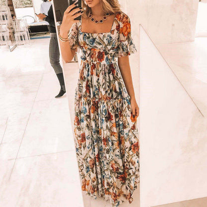 vmtvr - Sexy Short Sleeves Floral Print Off Shoulder Maxi Dress