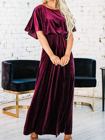 vmtvr - Fashion Velvet Round Neck High Slit Maxi Dresses