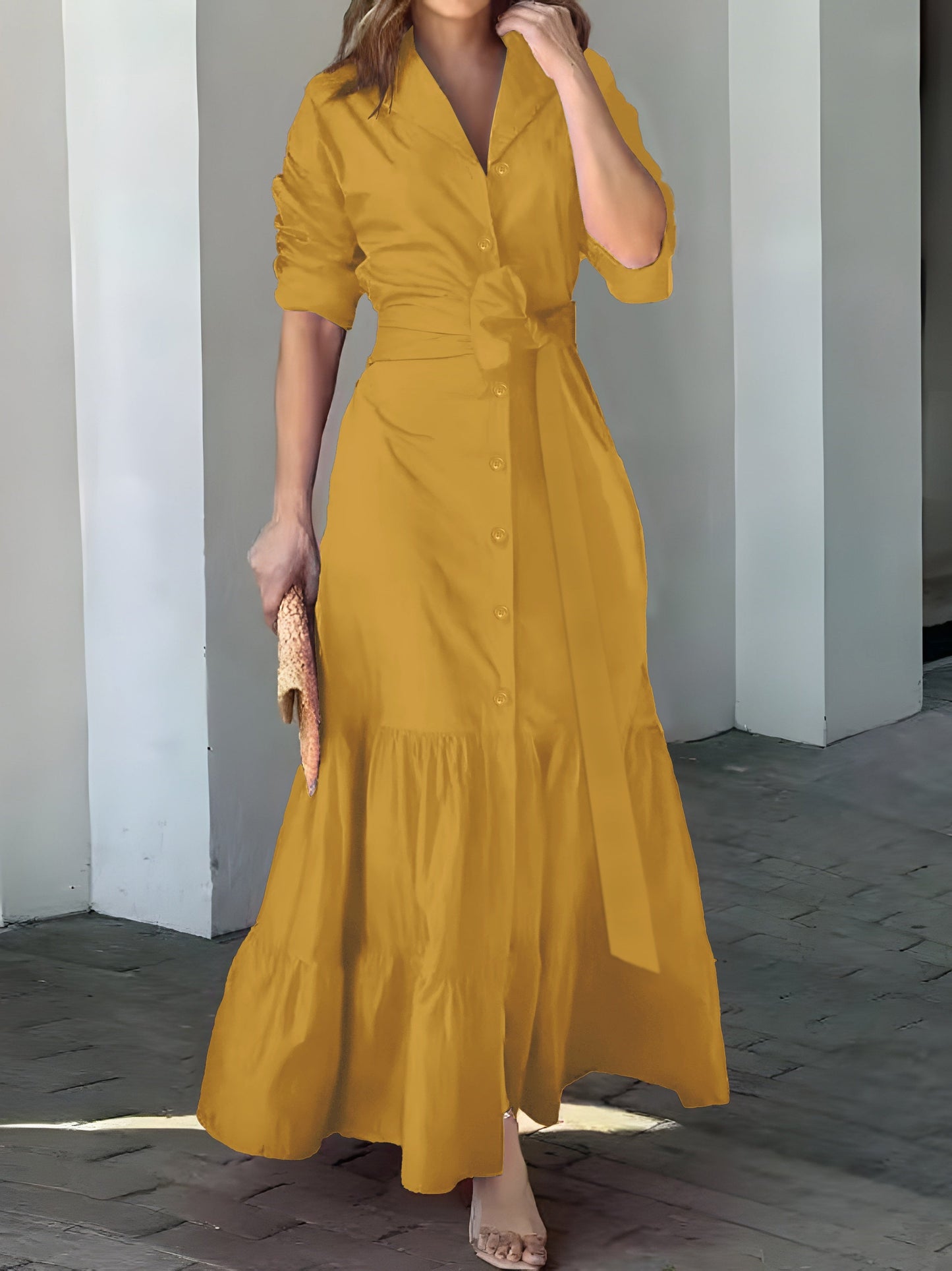 vmtvr - Solid Button Front Belted Dress, Elegant Ruched Sleeve Ruffle Trim Maxi Dress, Women's Clothing