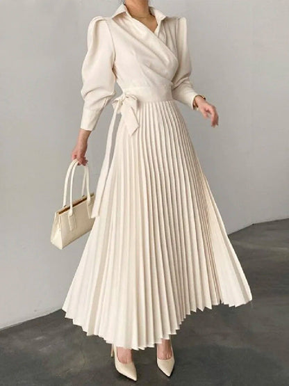 Office Pleated Asymmetric Solid Color Lapel Maxi Dresses