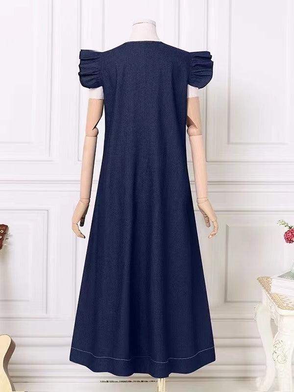 vmtvr - Fly-sleeve Denim Tie Back V-Neck Long Dress