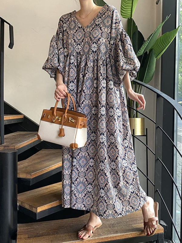 vmtvr - Vintage Floral Printed V-Neck Pleated Puff Sleeves Midi Dress