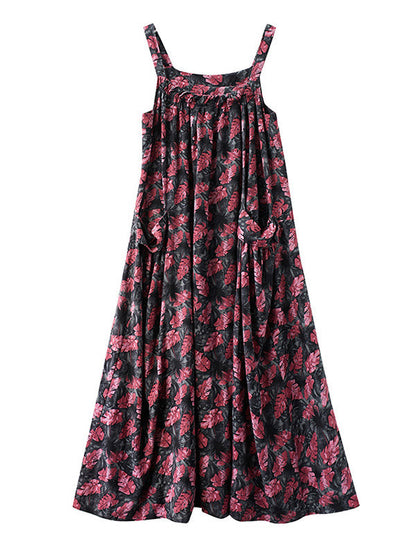 vmtvr - Artistic Retro Ramie Cotton Loose 3 Colors Floral Printed Square-Neck Sleeveless Strap Dress