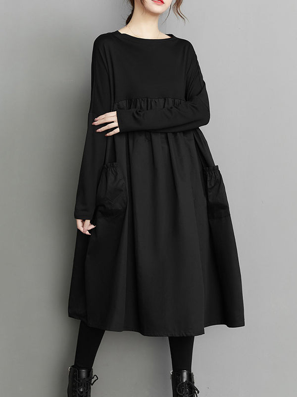 Simple Loose Black Split-Joint Long Sleeves Midi Dress