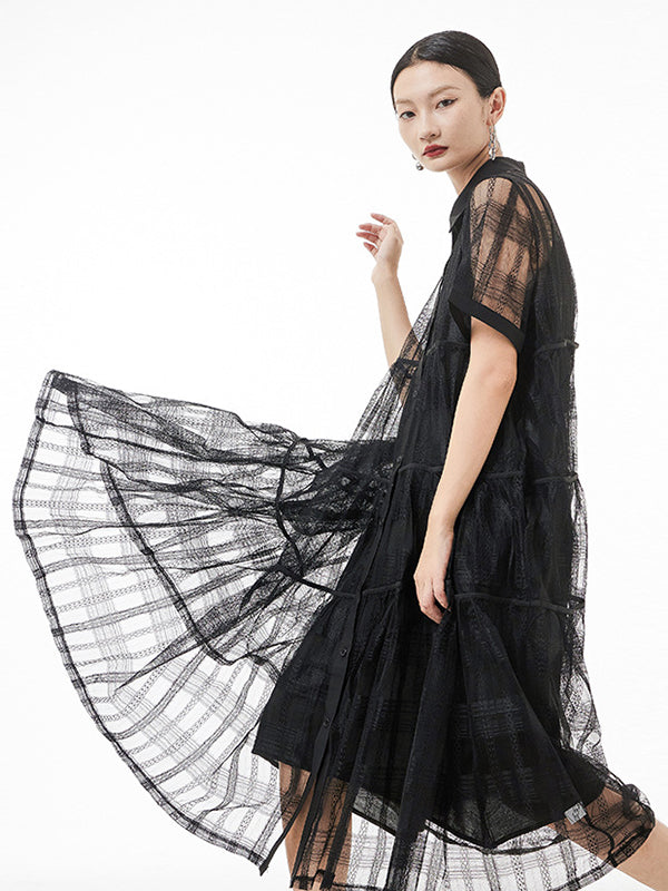 vmtvr - Original Solid Color Hollow See-Through Thin Midi Dress