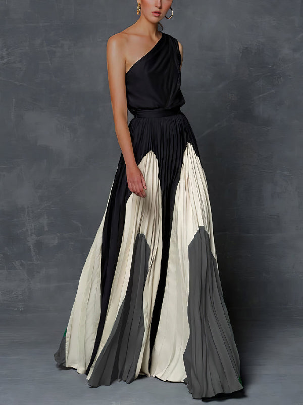 vmtvr - Sleeveless Asymmetric Pleated Printed One-Shoulder Maxi Dresses