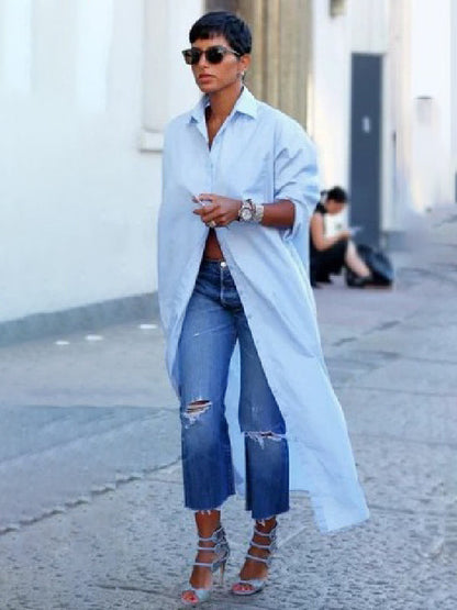 Simple Loose Buttoned Solid Color Lapel Maxi Dresses