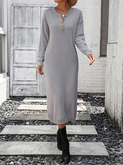 vmtvr - Long Sleeves Loose Buttoned Split-Joint Round-Neck Midi Dresses Sweater Dresses