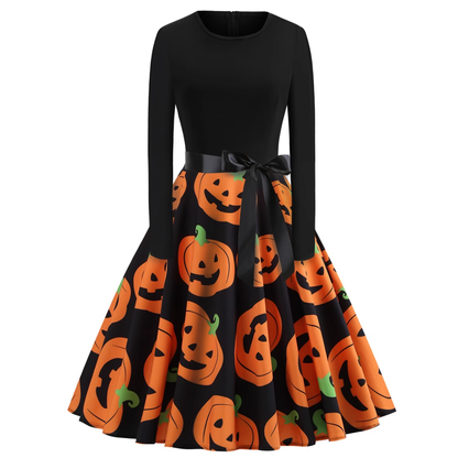 - Halloween costume retro women's long-sleeved contrast black and pumpkin print dress GEU686