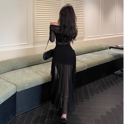 - Black sexy off the shoulder see-through dress GEU1067