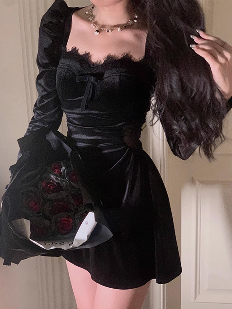 - women's little black velvet short dress GEU716