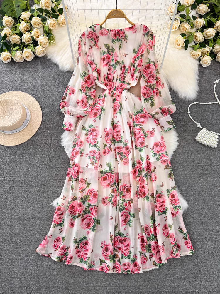 - Long-sleeve round neck A-line rose print chiffon maxi dress GEU884