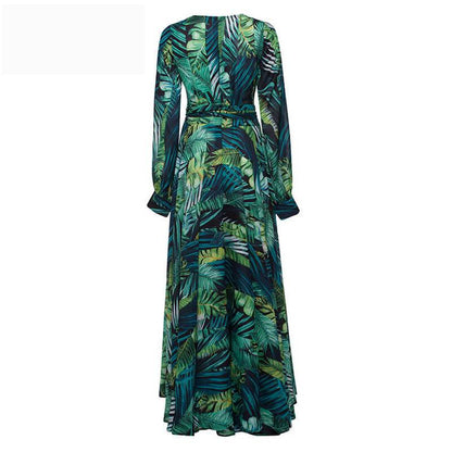 vmtvr -  V-Neck Leaf Print Maxi Dress