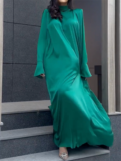 vmtvr - Flared Sleeves Long Sleeves Solid Color High-Neck Maxi Dresses