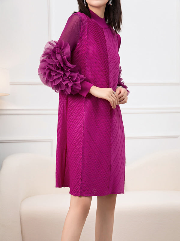 vmtvr - Long Sleeves Loose Embroidered Pleated Solid Color Round-Neck Midi Dresses