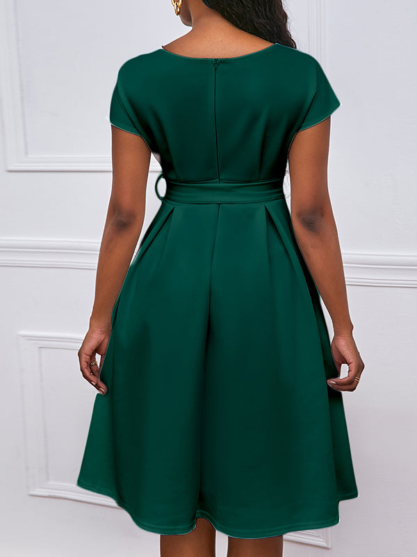 vmtvr - Bowknot Lace-Up Solid Color V-Neck Midi Dresses