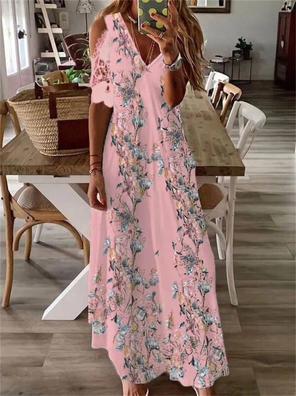 vmtvr - Boho Floral Lace Hollow Shoulder Maxi Dress