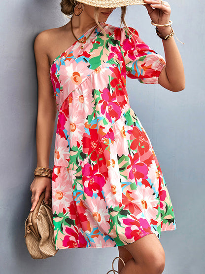 vmtvr - A-Line Bishop Sleeve Flower Print Split-Joint One-Shoulder Mini Dresses