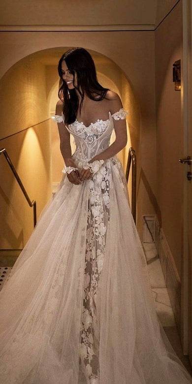 vmtvr  -  off the shoulder strapless sweetheart applique lace long sleeves long wedding dress