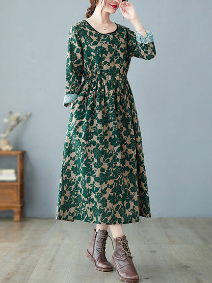 vmtvr - Artistic Retro Ramie Cotton Floral Printed Pleated Round-Neck Long Sleeves Midi Dress