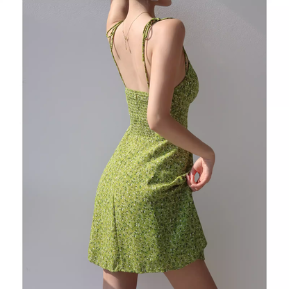 - women's summer green printed suspender dress GEU1356