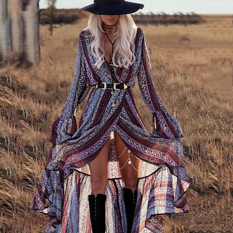 vmtvr - Bohemian Print V Neck Bell Sleeve Maxi Dress