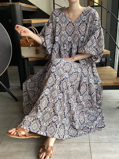 vmtvr - Vintage Floral Printed V-Neck Pleated Puff Sleeves Midi Dress