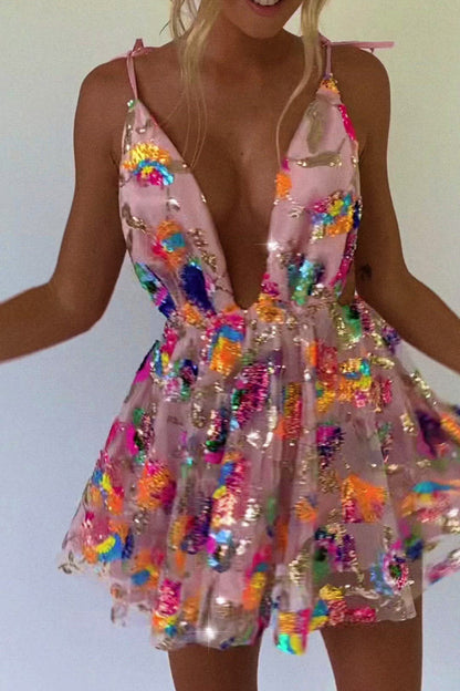 vmtvr Rainbow Sequin Open Back Slip Mini Dress