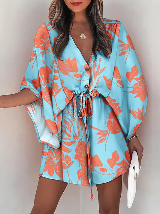 vmtvr - Original Loose Floral Printed Contrast Color Tied Mini Shirt Dress