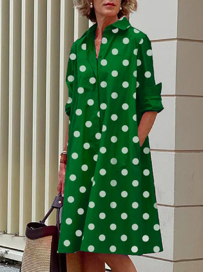 vmtvr - Vintage Long Sleeves Polka Dot Lapel Midi Dresses