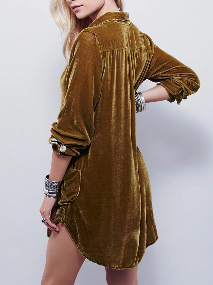 vmtvr - Fashion Deep V Neck Loose Velvet Shirt Mini Dress