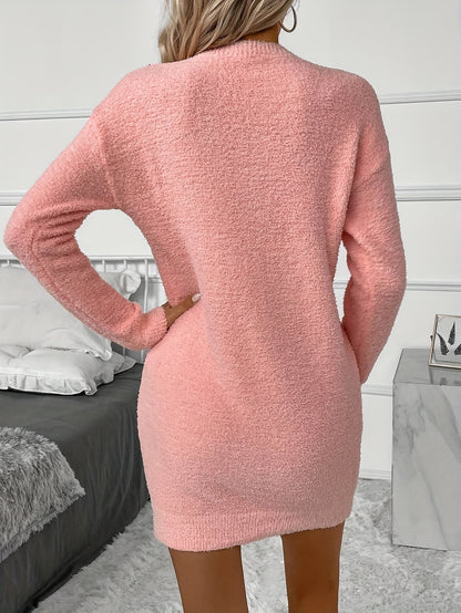 Solid Long Sleeve Knitted Dress, Casual Crew Neck Drop Shoulder Above Knee Dress, Women's Clothing