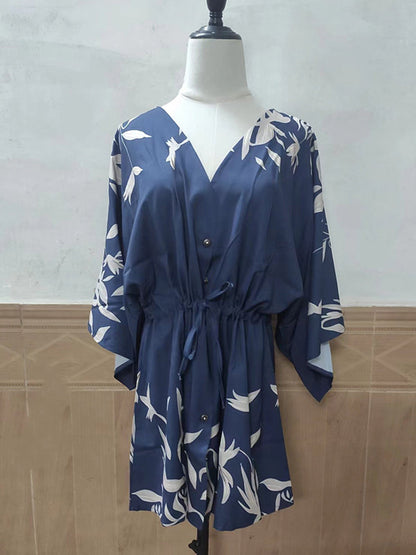 vmtvr - Original Loose Floral Printed Contrast Color Tied Buttoned Mini Shirt Dress