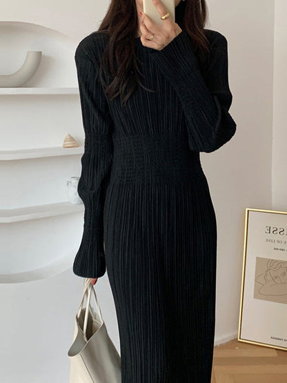 vmtvr - Simple Long Sleeves Black Split-Joint Elasticity Waist Pleated Midi Dress