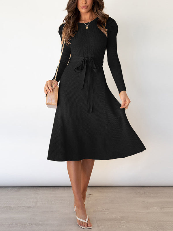 vmtvr - High Waisted Long Sleeves Solid Color Tied Waist Round-Neck Midi Dresses Sweater Dresses