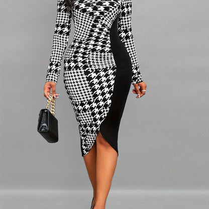 Houndstooth Splice Tulip Hem Bodycon Dress, Long Sleeve Boat Neck Elegant Dress, Women's Clothing