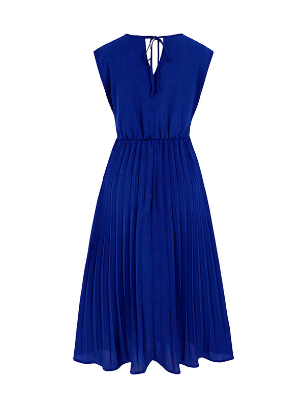 vmtvr - Sleeveless Pleated Solid Color Tied Waist V-Neck Midi Dresses