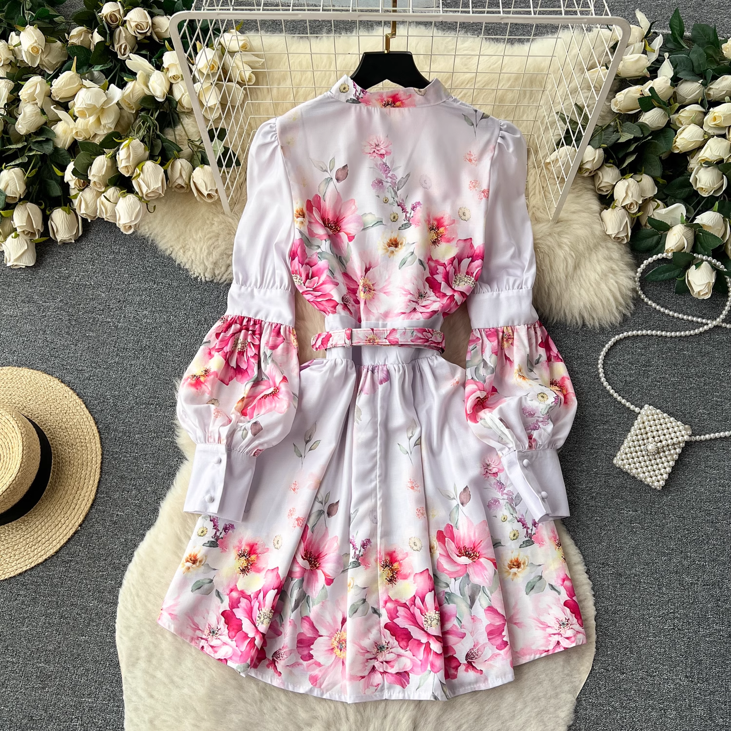 vmtvr- Long-sleeved stand-up collar lantern long-sleeved printed skirt women's court style dress GEU402