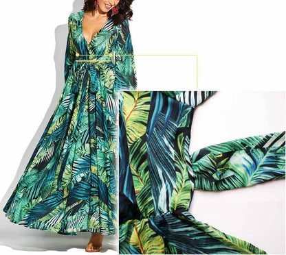 vmtvr -  V-Neck Leaf Print Maxi Dress